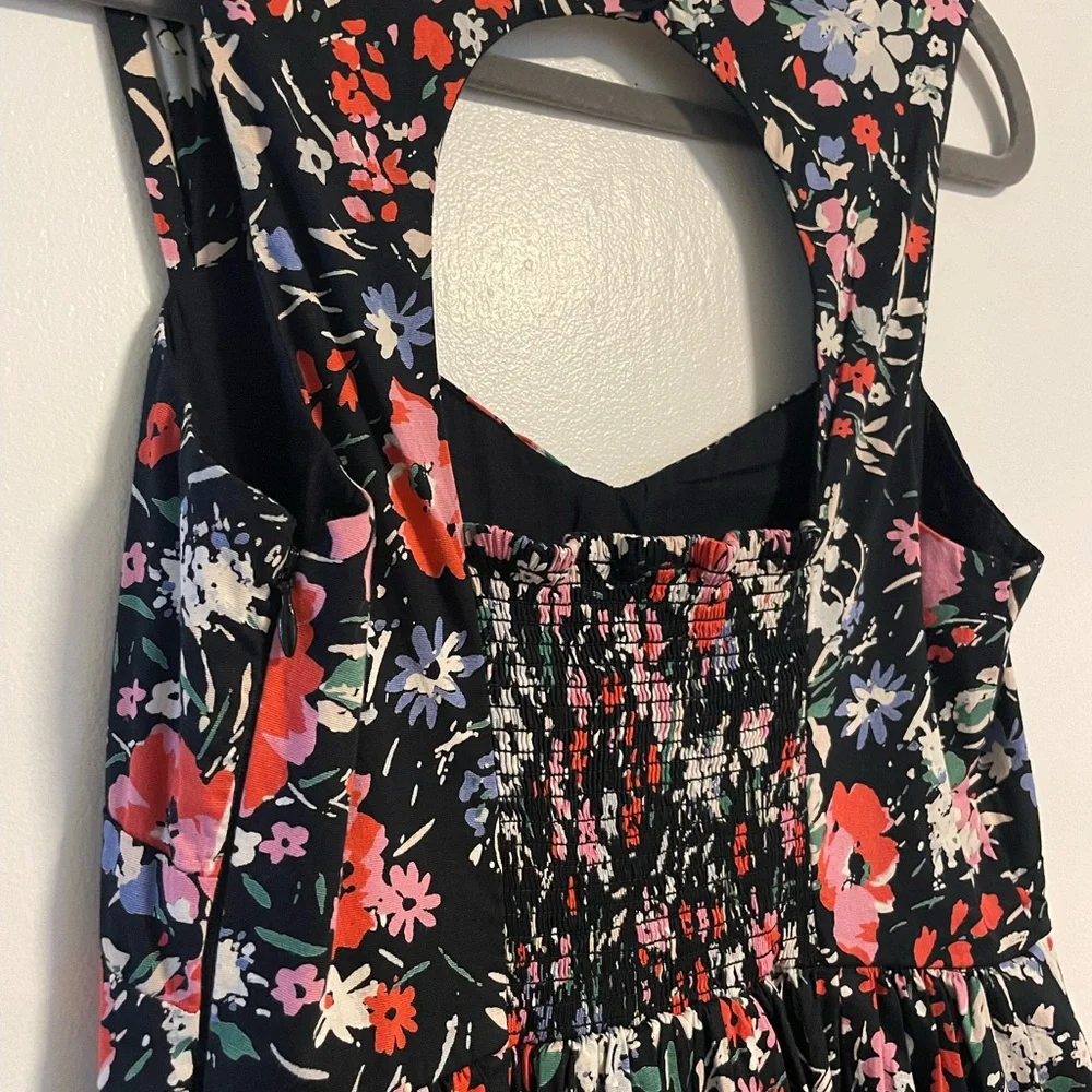 Free People Black Floral Midi Dress with Red & Pink Blooms size 4
